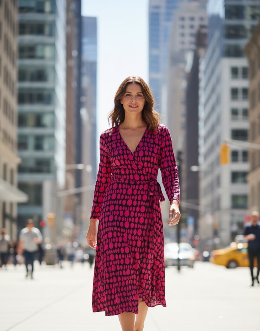 Apt. 9 Wrap Dress Womens Large Pink Black Polka Dot Midi 3/4 Sleeve Stretch